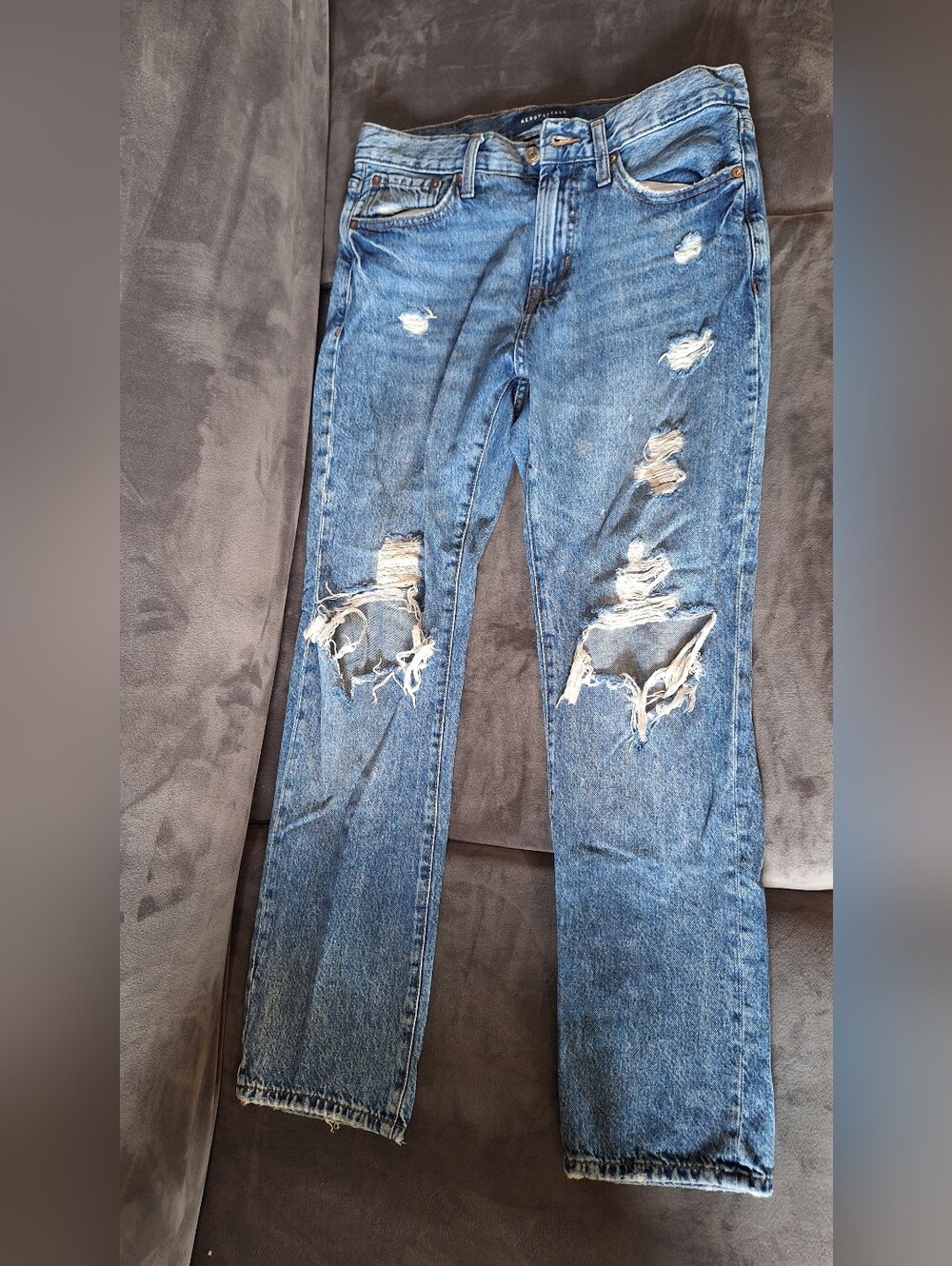 Aeropostale Women's Distressed Blue Straight-Leg Jeans